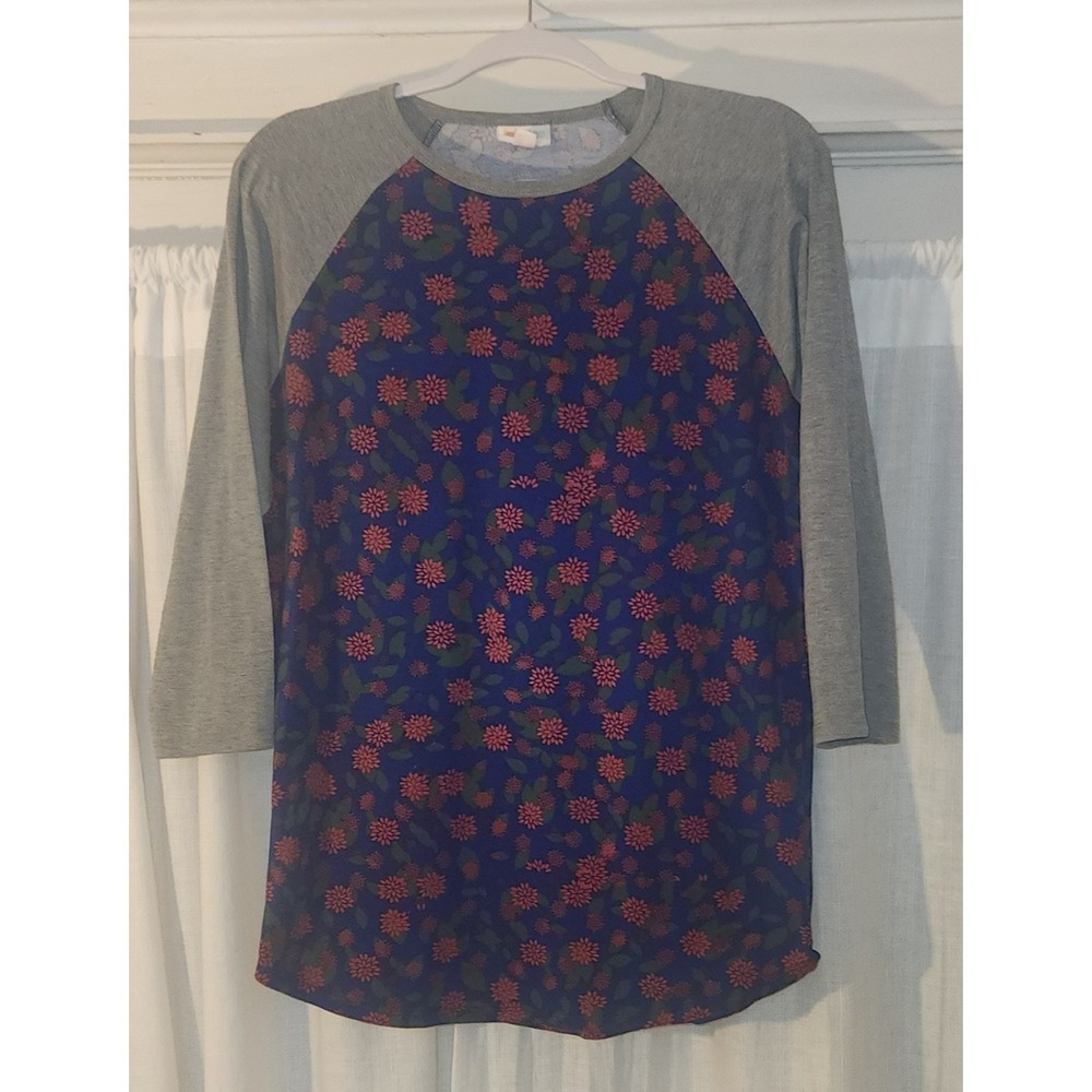 LulaRoe Randy Women's Blue w/ Red Floral Print Baseball Shirt Gray Sleeves Sz M